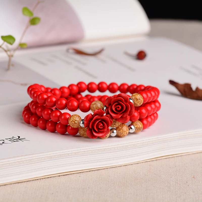 Wholesale Red Natural Cinnabar Bracelets 6mm Bead with Flower Soothe Nerves Evil Spirits for Women Beauty Jewelry | Украшения и