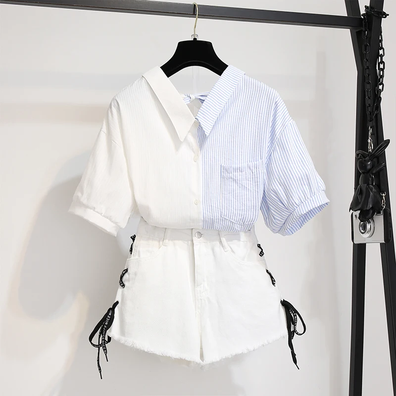 2019 корейский стиль лето Для женщин Ложные двух частей Рубашки с отложным