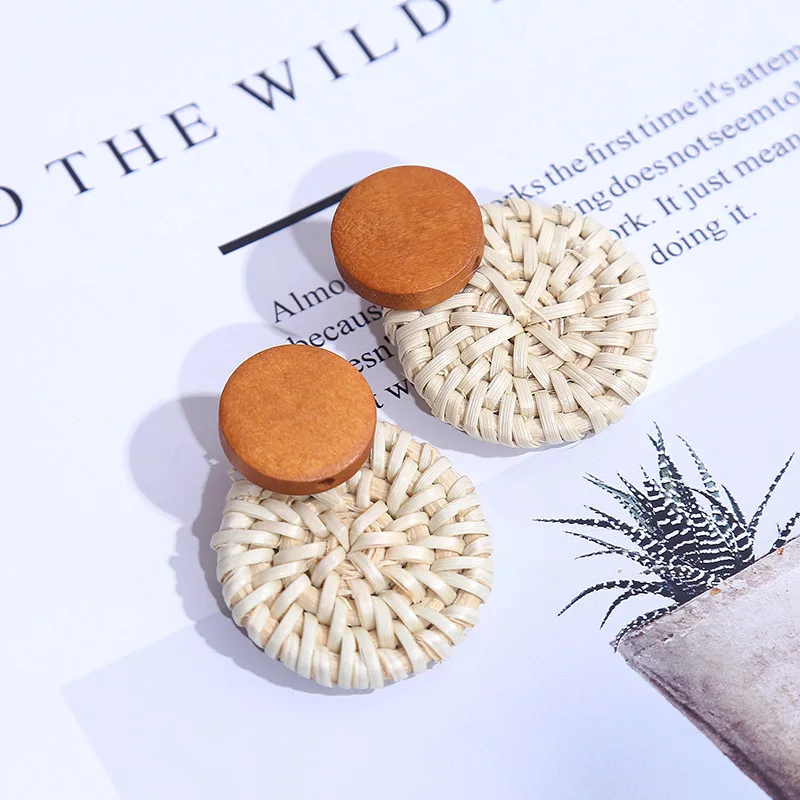 

New Handmade Wooden Straw Weave Rattan Earring Brown Vine Braid Geometric Big Round Drop Earrings For Women Jewelry 2019