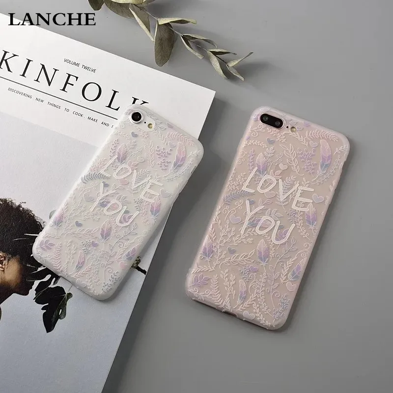 LANCHE Ultrathin TPU Phone Cases For iPhone 6 6S Plus 6Plus 7 7Plus Case Transparent Silicone Frosted Feather Flower Back Cover |