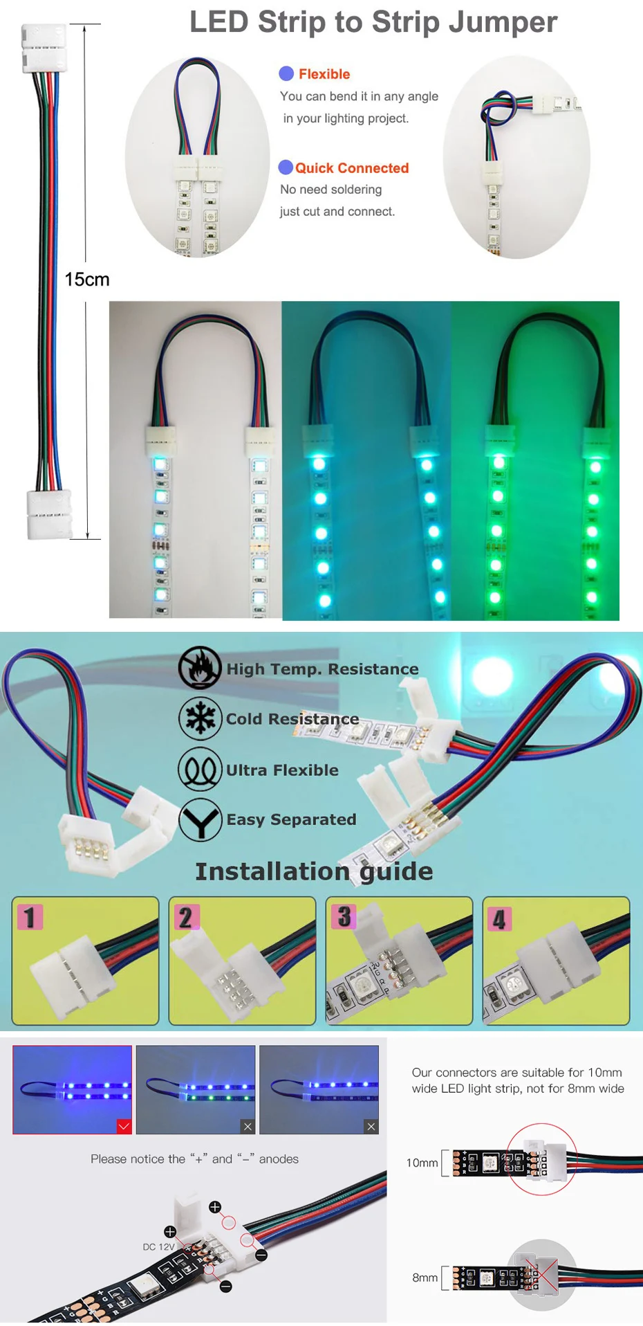 10 мм rgb светодиодные ленты 3 шт. 4 Pin L форма solderless разъем и 3 шт. провод без пайки 4 Pin 10 мм широкая полоса для полосы перемычки