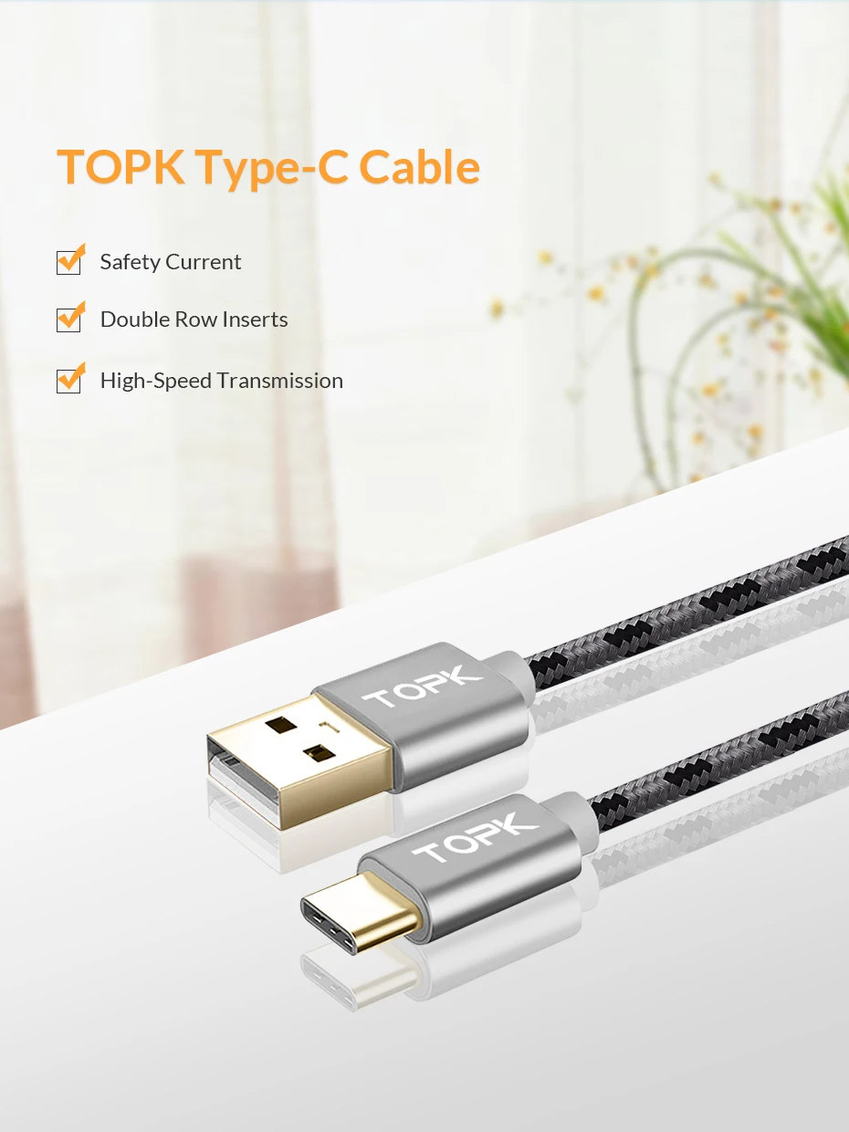 TOPK usb type-C кабель для Xiaomi Redmi note 7 передачи данных зарядный кабель type-C кабель usb c для samsung s8