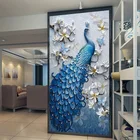 Пользовательские Настенные обои Европейский стиль 3D рельефные цветы синий павлин настенная живопись отель Гостиная Кабинет входной Декор фрески