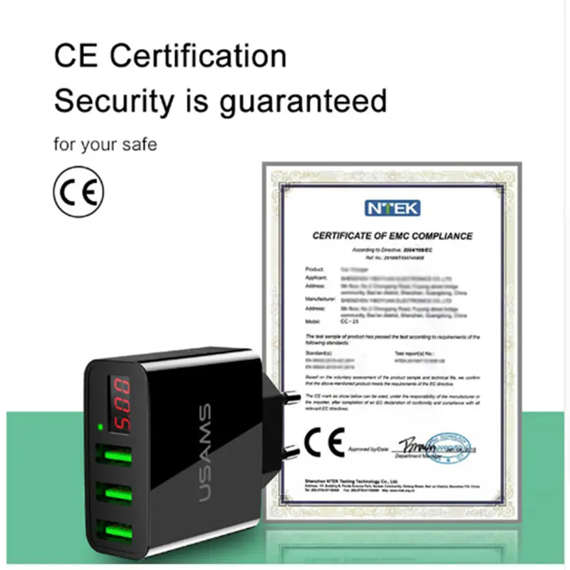 USAMS 3 порта USB зарядное устройство светодиодный дисплей ЕС/США штекер Max 2.4A Смарт Быстрая зарядка зарядное устройство для мобильных устройств для samsung xiaomi