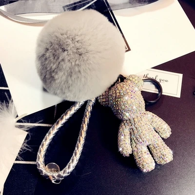 2 Bomgom Хрустальный Popobe glomy Bear Strass брелок для ключей Автомобильный ключ держатель сумки держатель с подвеской меховым помпоном кожаный брелок подвеска - Цвет: 2