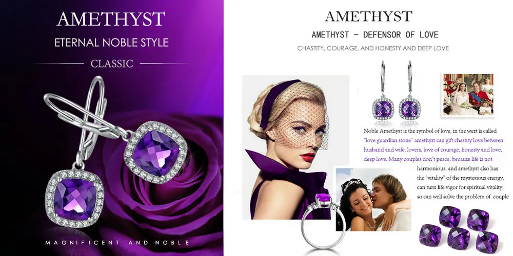 LAMOON-6 мм 2.4ct натуральный Фиолетовый аметист 925 пробы серебряные ювелирные изделия Висячие серьги S925 LMEI001