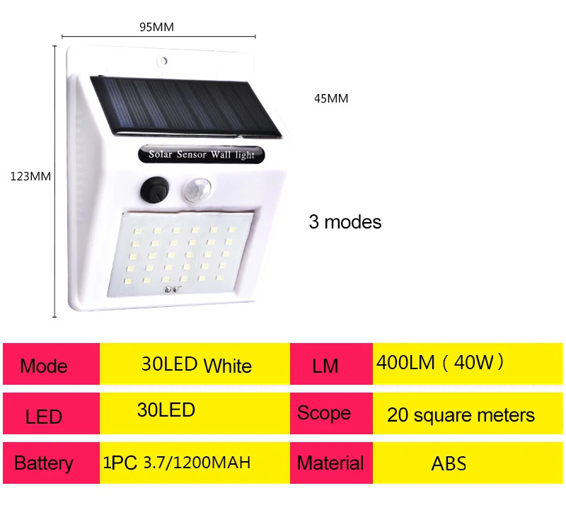 30led white 3 modes Солнечная лампа светодиодный настенный солнечный светильник Открытый охранный светильник ing с датчиком движения детектор сад задняя дверь шаг 270 градусов удлинить - Испускаемый цвет: 30led white 3 modes