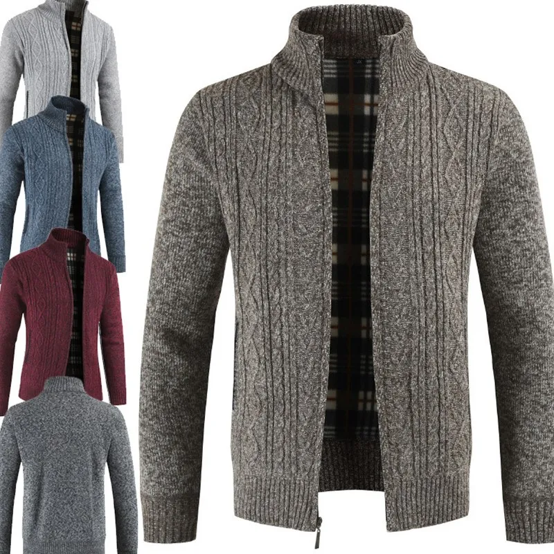 Мужской теплый свитер на молнии с воротником стойкой брендовый кардиган