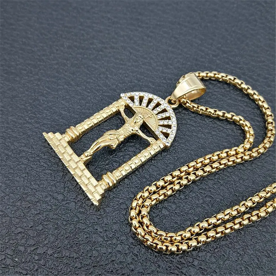Хип-хоп Iced Out Bling Crucifix кулон ожерелье для мужчин из нержавеющей стали золотой цвет