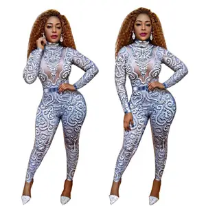 Модный серый серебристый Стразы комбинезон с длинными рукавами стрейчевый сексуальный боди для выступления на сцене праздничный ночной наряд