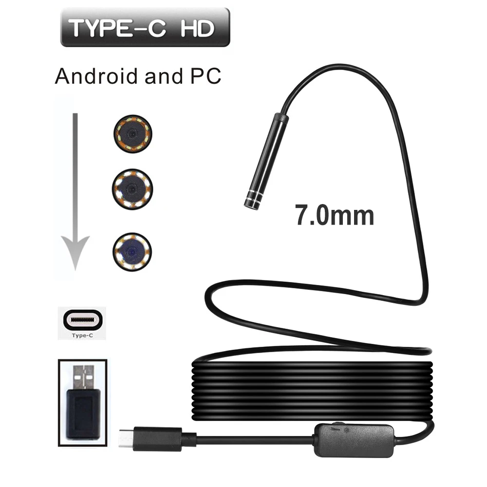 

7mm Lens 6LED USB TYPE-C Endoscope Inspection Camera Support Android Phone Windows PC For Car Pipe Detect Mini Borescope Camera