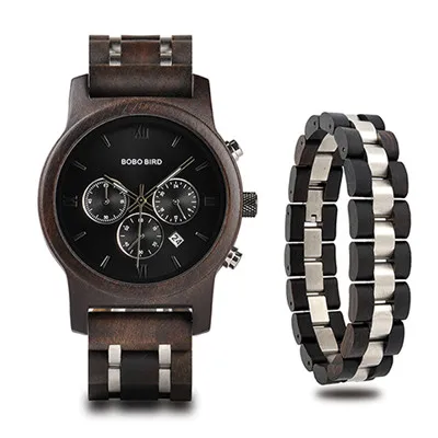 P19-1Bracelet-1 BOBO BIRD модные стильные мужские деревянные часы с браслетом Бизнес кварцевые часы хронограф секундомер лучший подарок в коробке P19-1 - Цвет: P19-1Bracelet-1
