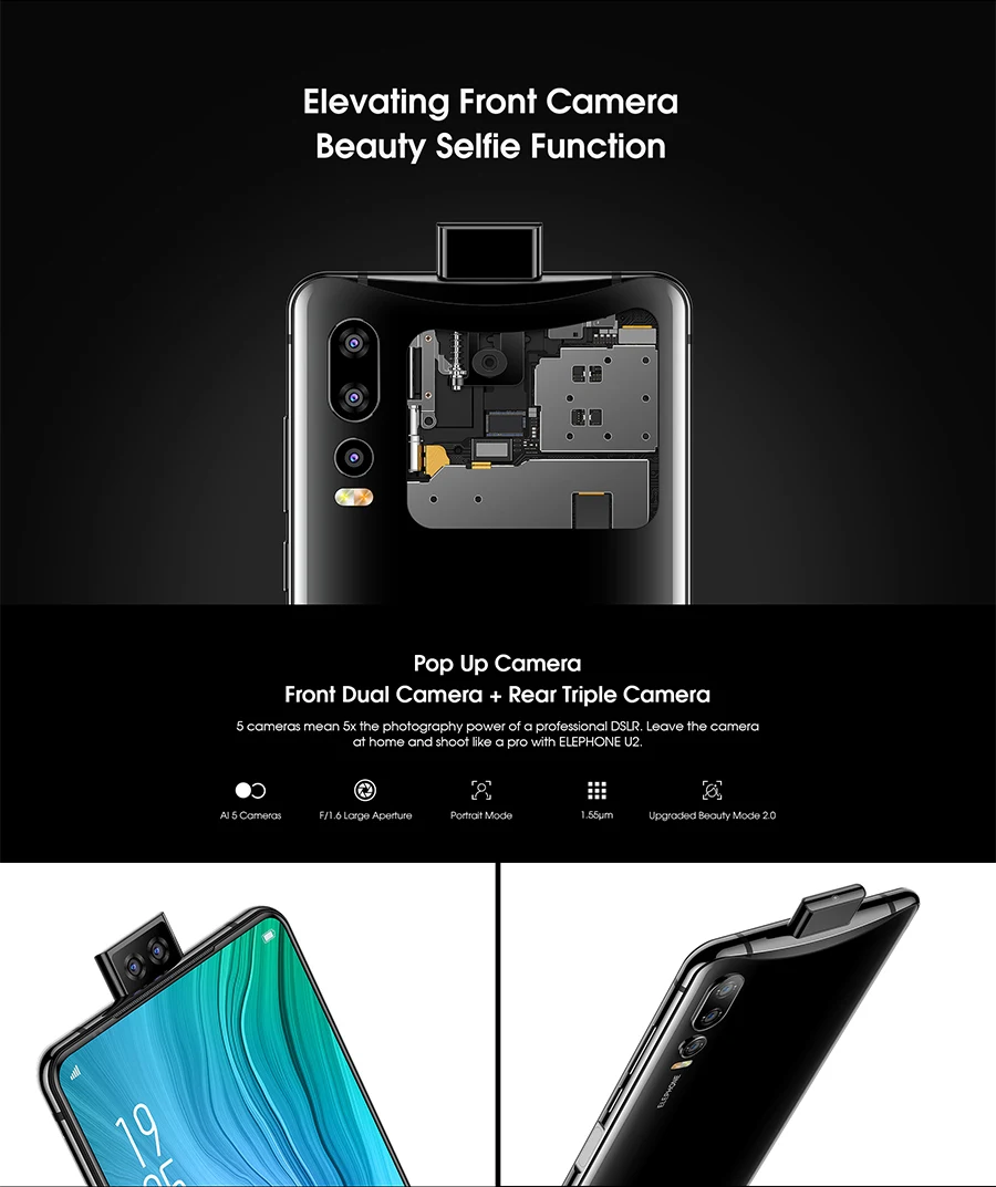 Elephone U2 16MP всплывающая камера 6,2" FHD+ экран Android 9,0 MT6771T Восьмиядерный 4/6GB 128GB Face ID 4G LTE мобильный телефон