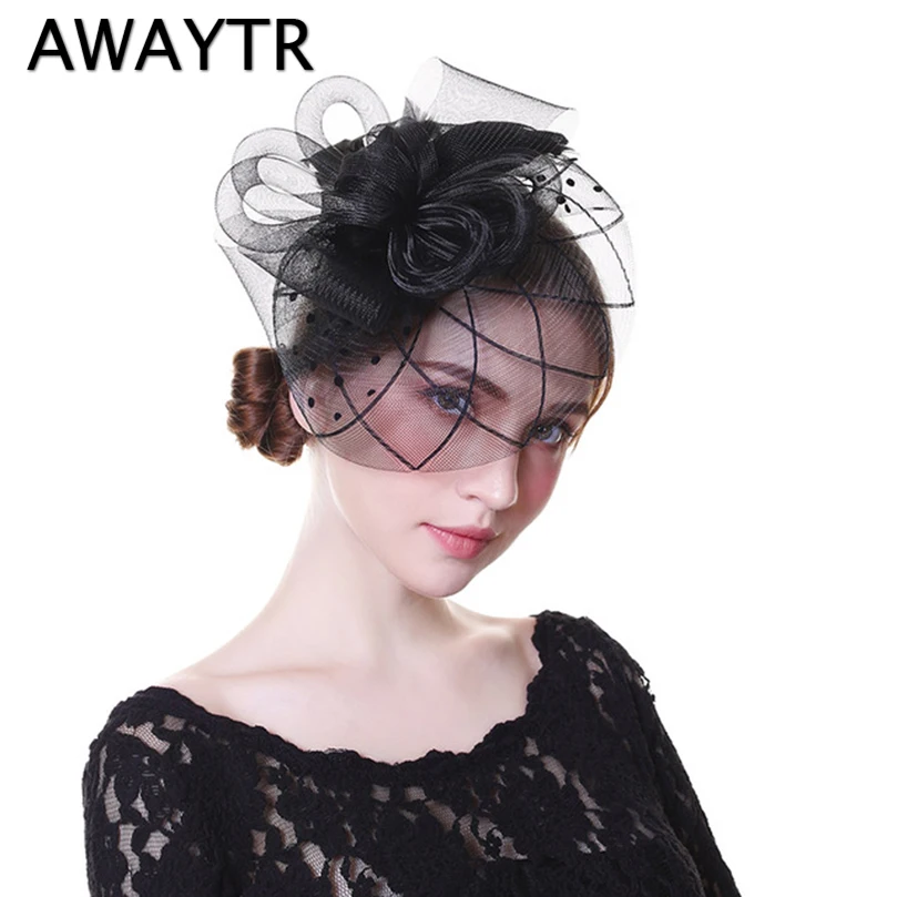Женская Вуалетка для волос AWAYTR винтажная шляпка с вуалью и перьями