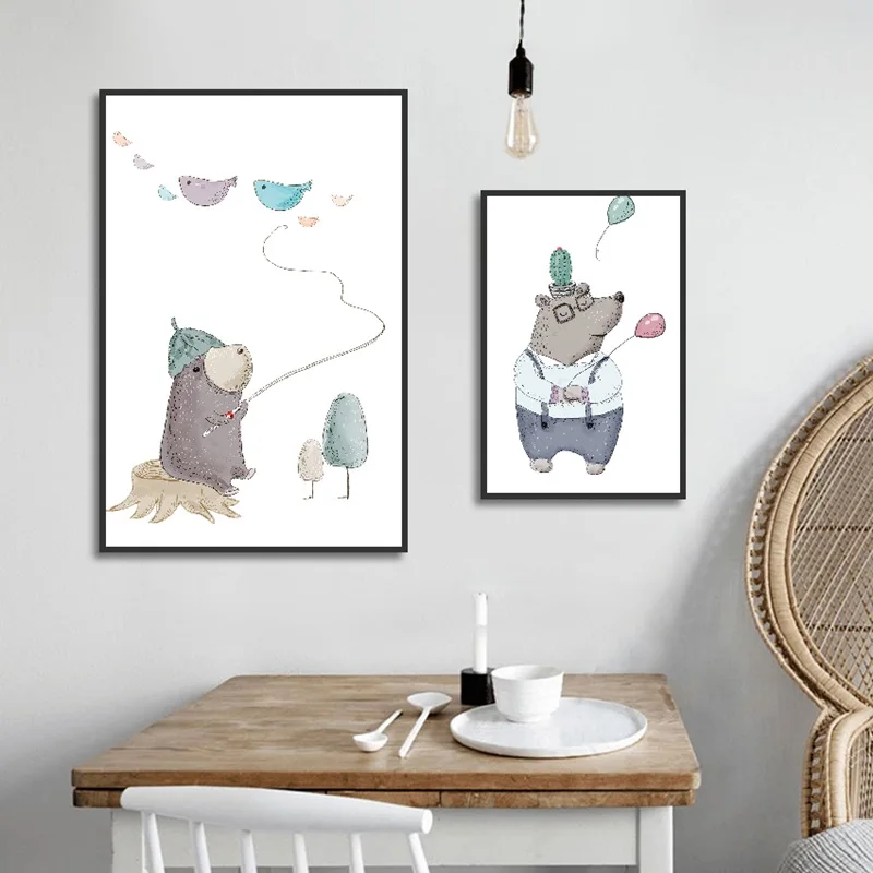 Плакаты и принты в скандинавском стиле акварельные Мультяшные милые животные