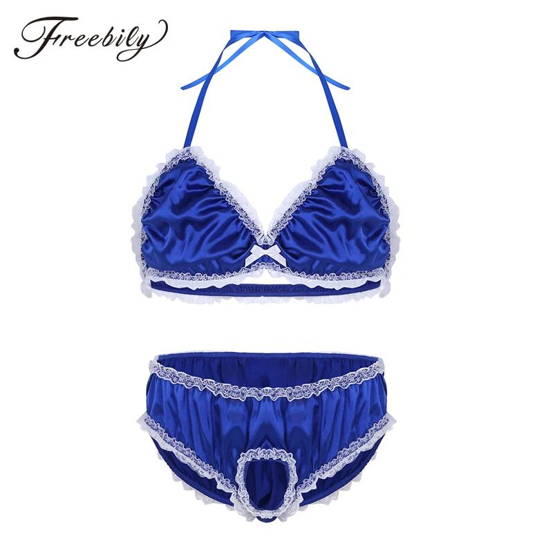 2 шт. мужской модный Блестящий атласный кружевной комплект нижнего белья с рюшами