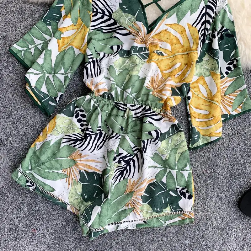 2019 новые модные женские комбинезоны тропический растительный лист печати v