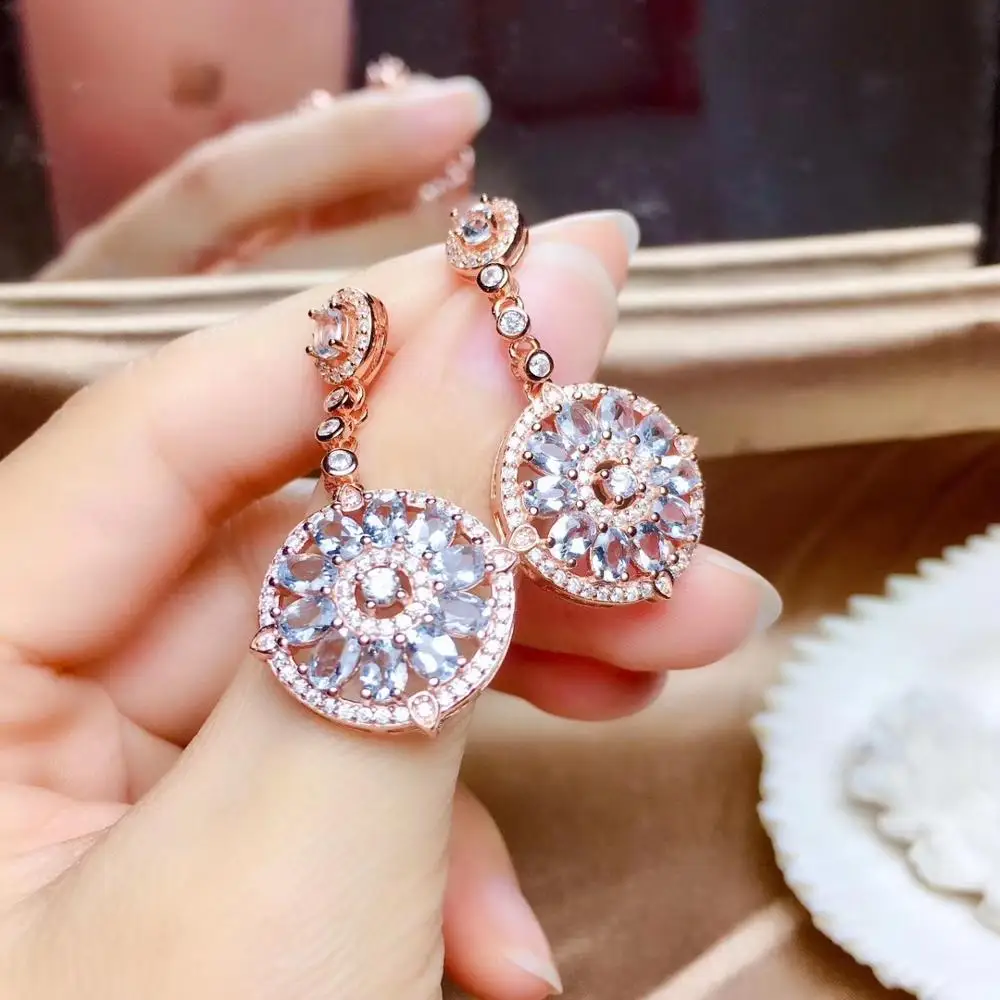 

natural blue Aquamarine earrings 925 silver Natural gemstone drop earring Luxurious round sunflower women wedding fine jewelry