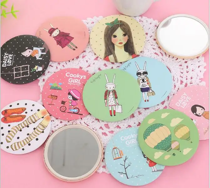 

2pcs/lot Round Makeup Mirror Cartoon Pattern Portable Compact Pocket women girl Cosmetic Small Compact Mirrors
