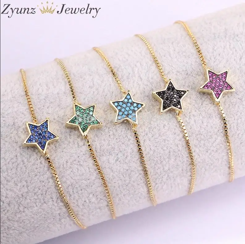 Colorful CZ Bracelet 10 шт. ZYZ330-3386 Романтический CZ инкрустированный камнями звезда браслет для женщин Регулируемый медный браслет цепочка - Окраска металла: Colorful CZ Bracelet
