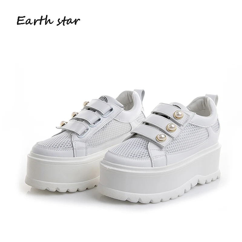 

EARTH STAR 2018 New White Shoes Women Brand Mesh Platform Sneaker Lady chaussure Hollow Breathable Summer Female footware Hollow