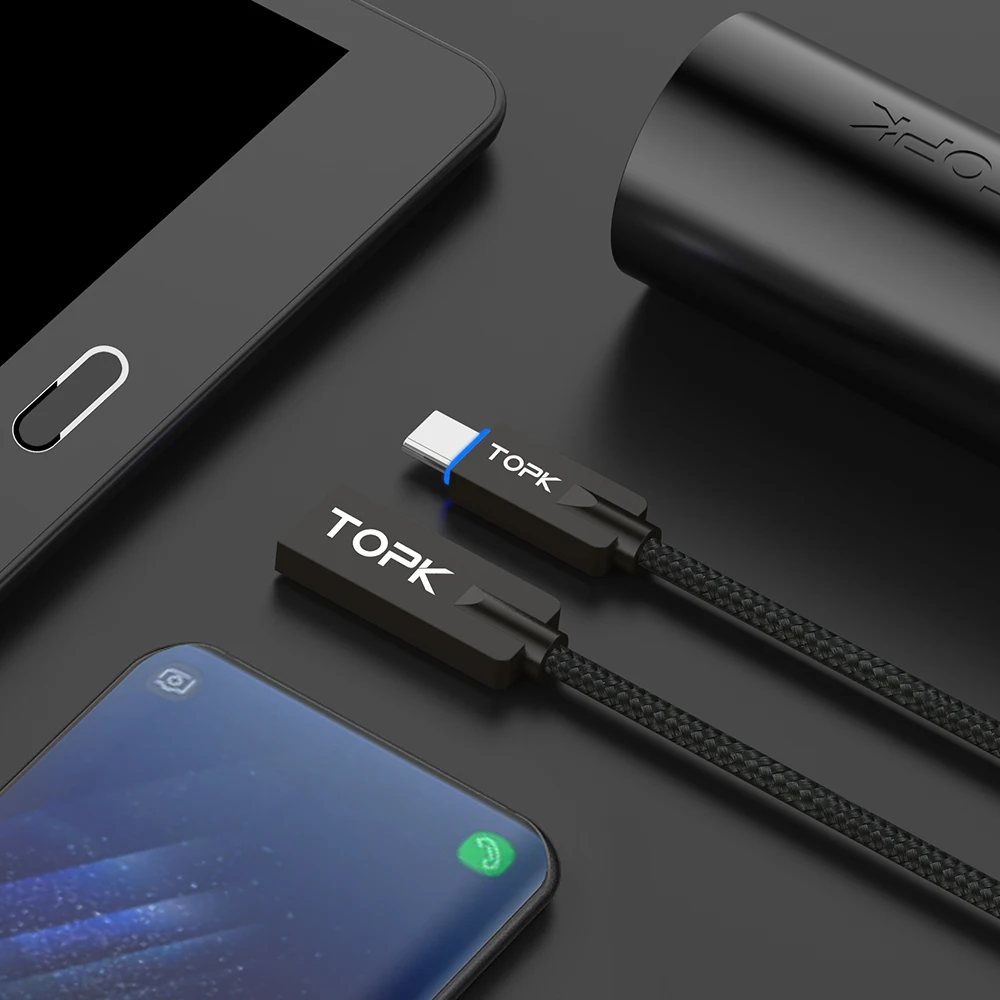 Topk светодиодный свет Тип c цинковый сплав Нейлон Плетеный USB 2.0A Тип-C кабель для