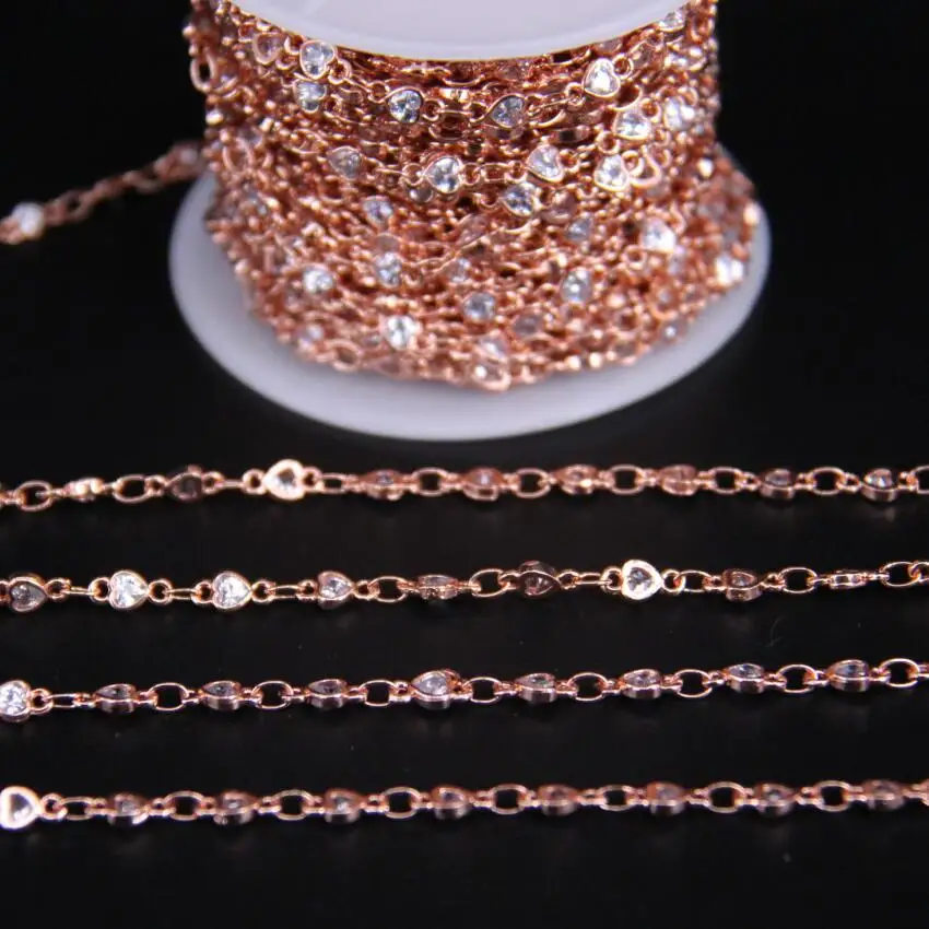 

4mm,Heart White Cubic Zircon Rose Gold Chain Charms,Faceted Flat Zircon Rosary Chains,CZ Connector Necklace Jewelry