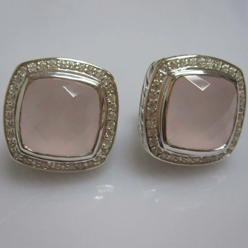 

925 Sterling Silver Jewelry 11mm Earrings with Prasiolite and Diamonds Amethyst Black Onyx Blue Topaz Citrine Garnet Earrings