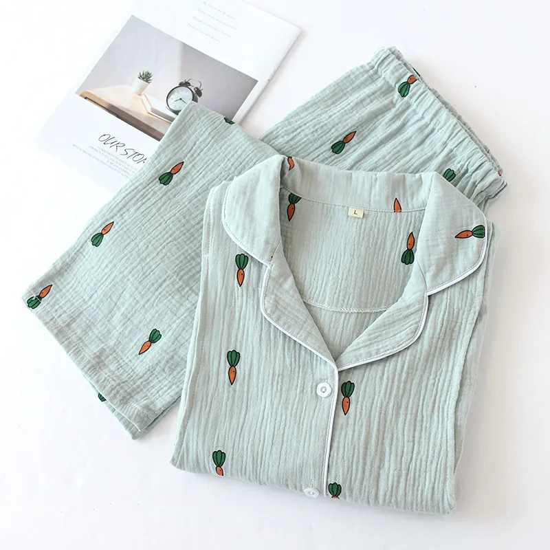 New Double Cotton Yarn Crepe Long Sleeve Pajama Set Cartoon Printing Maternity Clothes Spring Loungewear Women Sleepwear | Женская