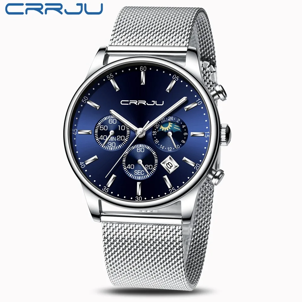 silver blue Relogio Masculino CRRJU Роскошные Кварцевые часы для мужчин синий циферблат часы спортивные часы хронограф часы с сетчатым РЕМЕШКОМ НАРУЧНЫЕ ЧАСЫ - Цвет: silver blue