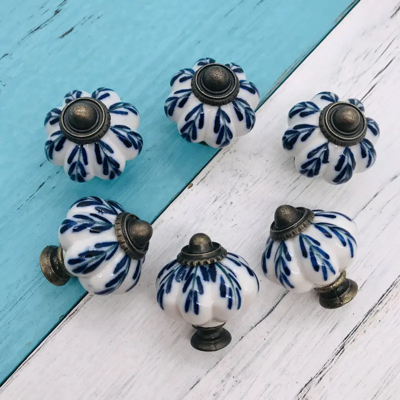 6pcs Furniture Handware 34mm Blue and White Hand Painted Pumpkin Ceramic knobs pulls for Cupboard Cabinet Door Drawer Knobs |
