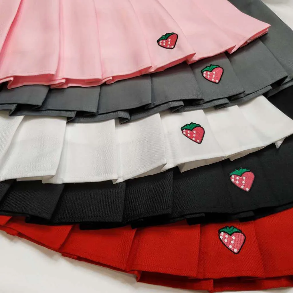 

Women Sexy Pleated Skirt rokken jupe femme Solid Embroidery Strawberry High Waist Zipper Summer Mini Skirt #E