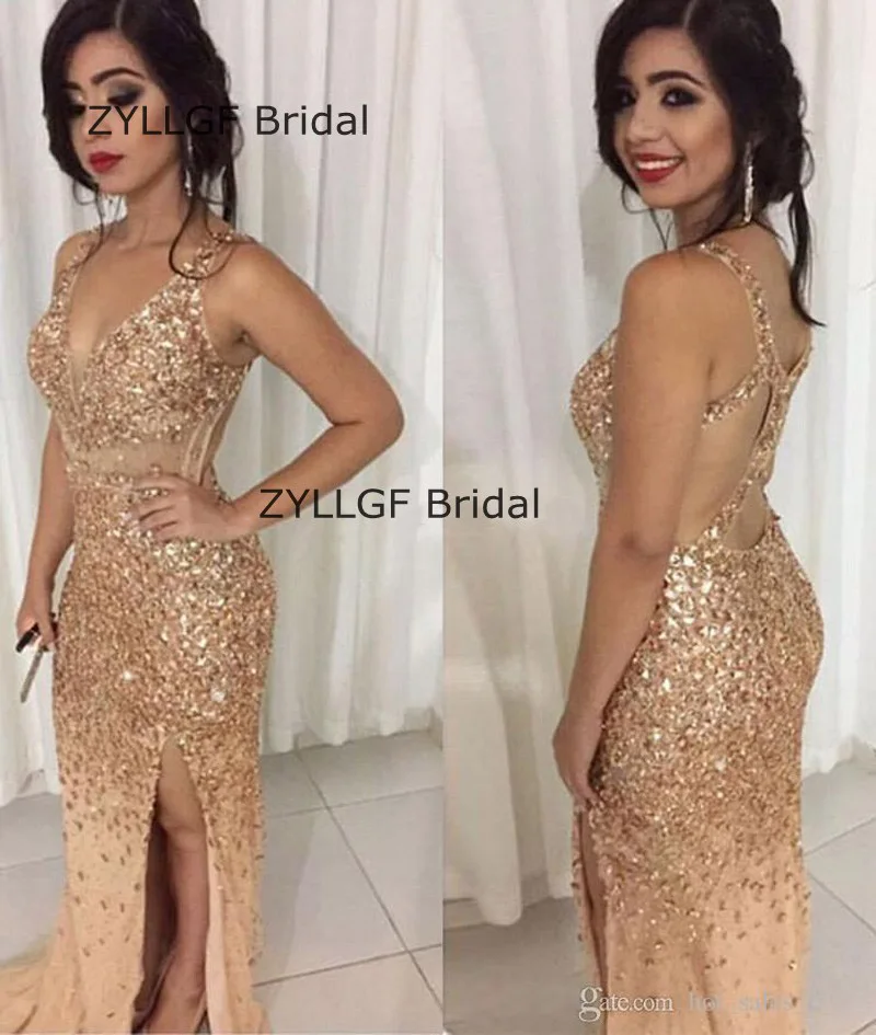 ZYLLGF Свадебные Sexy Шампанское Русалка Пром Dress Разрез Стороны Кристалл Платья