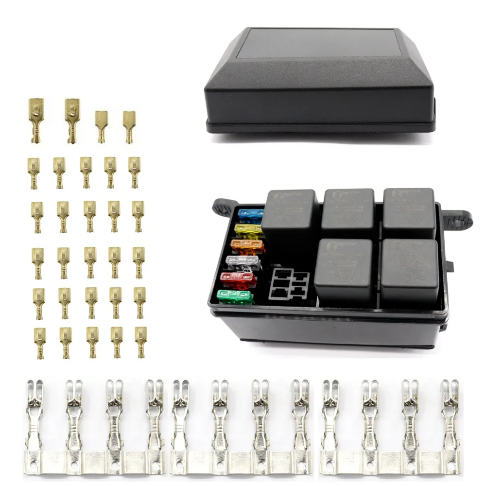 

Universal 6 Way Auto Car Fuse Holder Box With 6PCS Spade Terminals Fuses Relays 12V 40A
