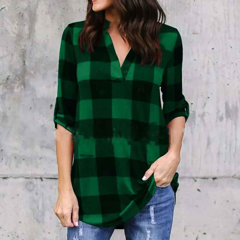 Women Fashion V Neck Long Sleeve Loose Blouse Casual Check Plus Size S 5XL Plaid Baggy Shirts Classic Pullovers |