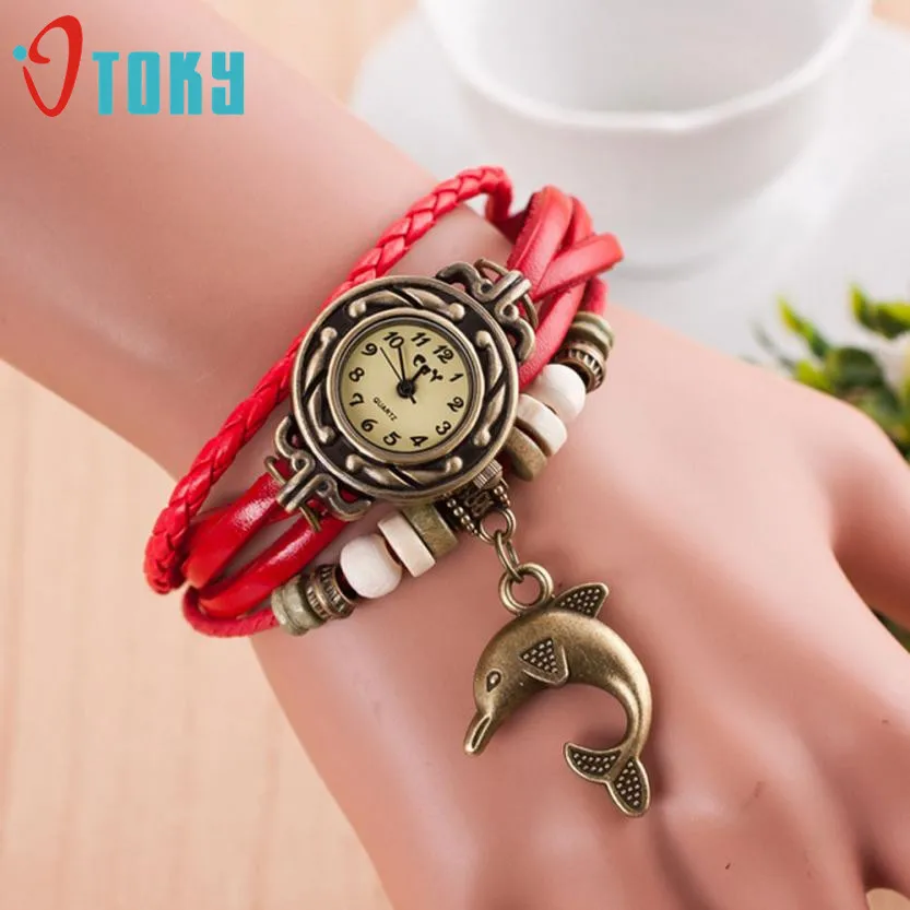 OTOKY Fashion Dolphin Bracelet Women Alloy Leather Quartz Wrist Watch Dropshipping | Наручные часы