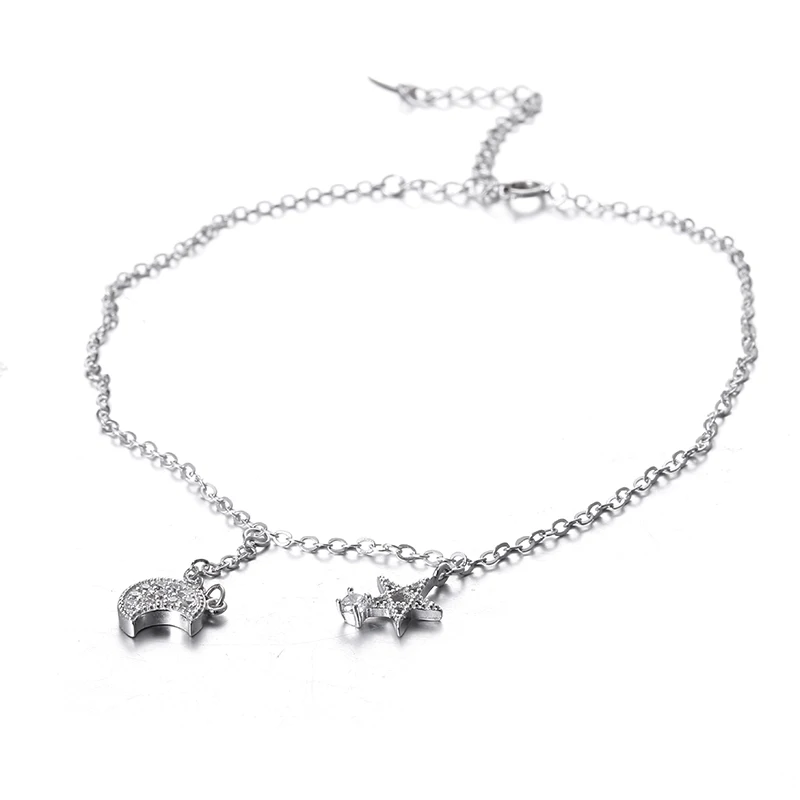 Женский ножной браслет с Луной и звездой из 100% стерлингового серебра 925 пробы