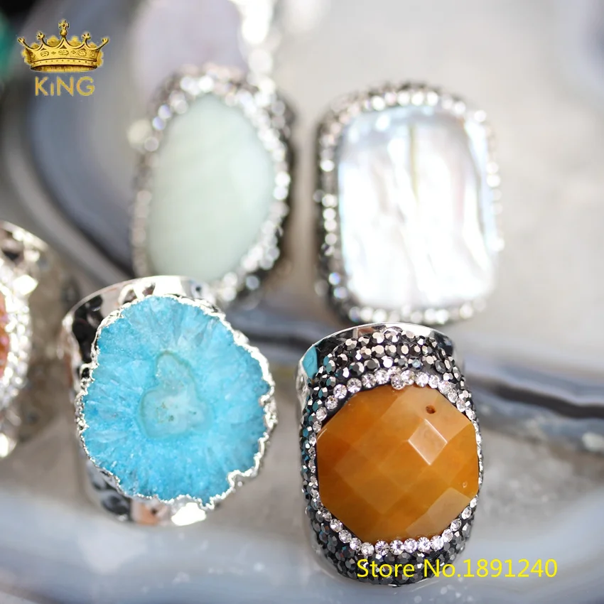5 шт случайных камней кольцо Druzy ювелирные изделия, Натуральный Druzy Drusy бусины проложенные Стразы Серебряный круг медь многокаменные кольца YT118