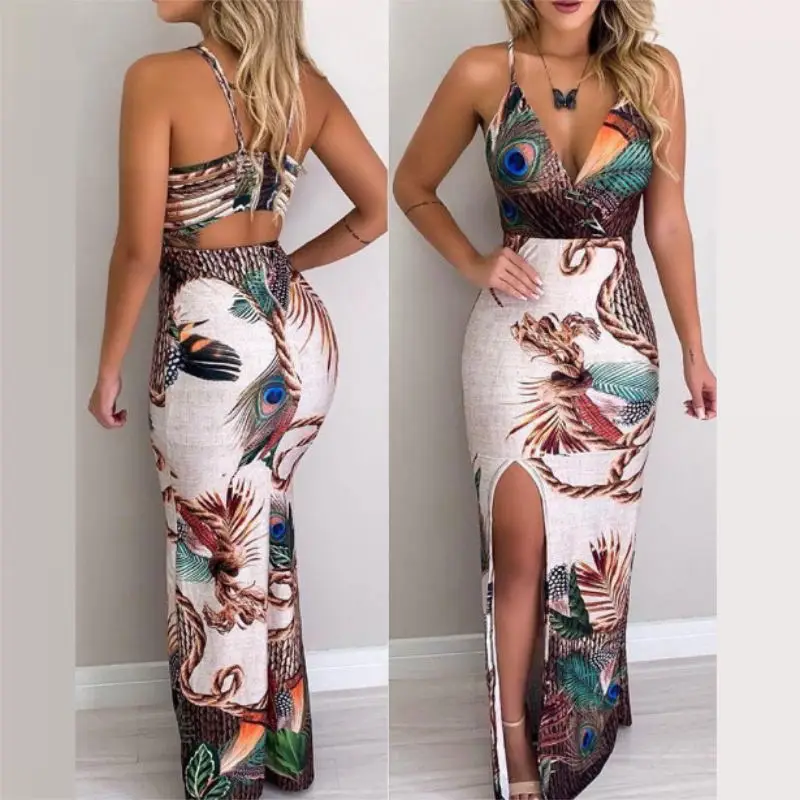 Для женщин с принтом в виде павлиньих перьев бедра разрез платье-комбинация