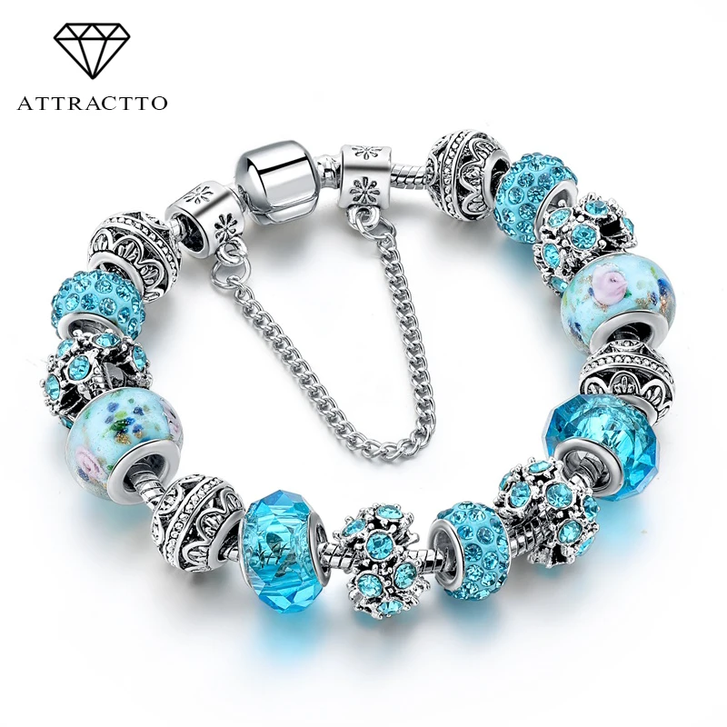 

ATTRACTTO New Blue Crystal Beads Charm Bracelets&Bangles Silver Bracelets For Women Femme Wedding DIY Jewelry Bracelet SBR170025