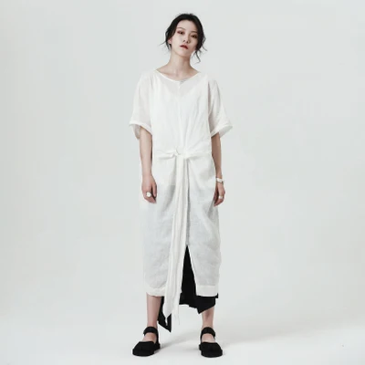 Cakucool/новое летнее платье с короткими рукавами, свободное, негабаритное, льняное, Vestido, с поясом, готическое, японское, X, длинные платья, черный, белый цвет - Цвет: white