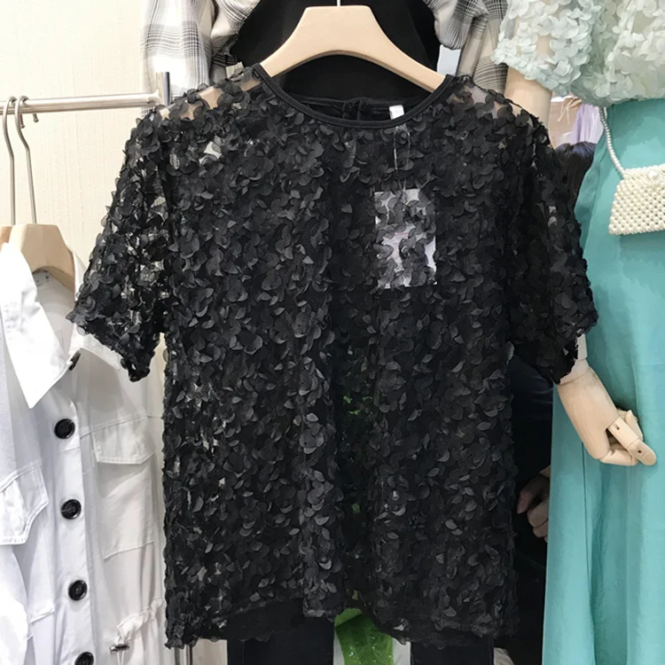 Женский прозрачный топ Ulzzang с круглым вырезом короткими рукавами весна-лето 2019 |