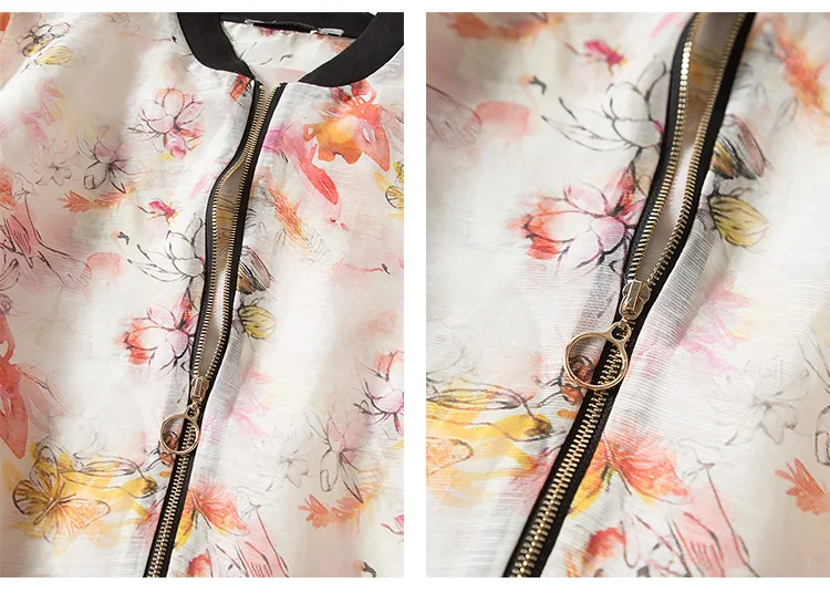 Women Jacket 50%Mulberry Silk 50%Linen Casual Zipper Floral Printed Jackets Fall Winter New Outwear