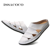 issacoco summer men genuine leather slippers beach casual sandals men flip flops men shoes homw slippers eu size 39 47 pantuflas