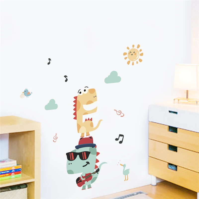 Funny Music Guitar Dinosaur Cloud Wall Decals Kids Rooms Home Decor Cartoon Animal Stickers Pvc Mural Art Diy Posters | Дом и сад