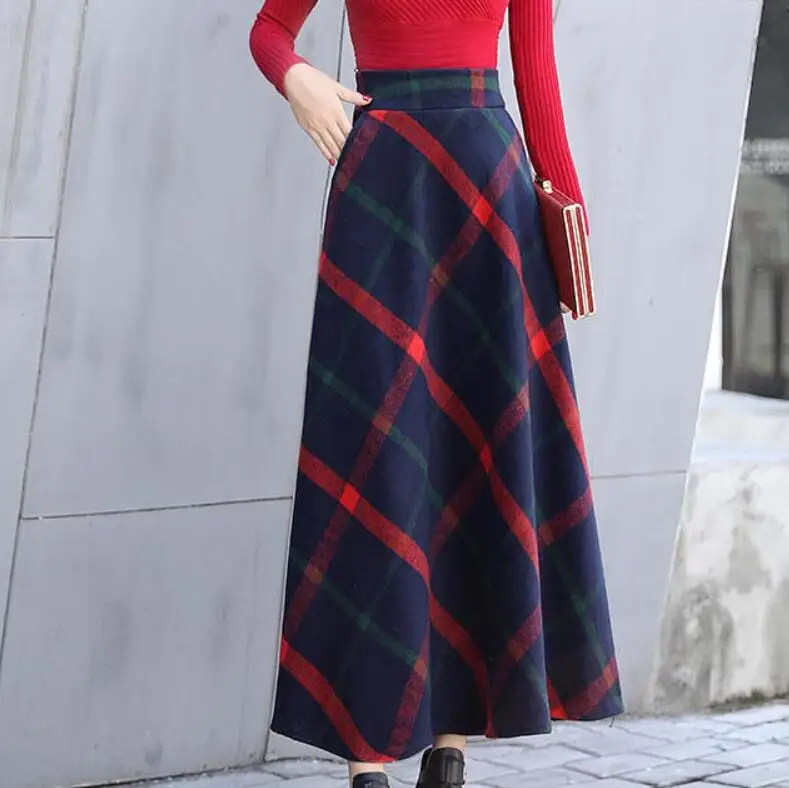 blue orange plaid Теплые шерстяные макси юбки для женщин зима Мода Высокая талия винтажная шерстяная плиссированная повседневная юбка для женщин плед Saia Longa Femme - Цвет: blue orange plaid