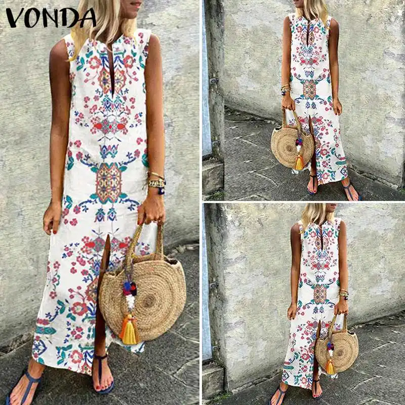 VONDA Bohemain длинное женское платье летнее пляжное сексуальное платье без рукавов с разрезом винтажное платье повседневное платье Сарафан размера плюс