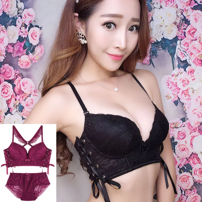 

Embroidery lace sutian sets straps no rims bra set suit Japanese girls' wireless underwear bralette gather small adjustment
