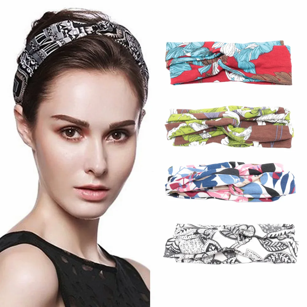 Women Twisted Knotted Floral Headband Summer Bohemia Floral Wide Stretch Hair Band for Girls Elastic Turban Spa Headbands