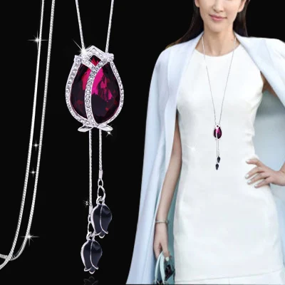 red tulip Meyfflin Collier Femme, длинное ожерелье с искусственным жемчугом, модное женское колье Снежинка с кристаллами, подвеска, ювелирная цепочка, бижутерия, подарки - Окраска металла: red tulip